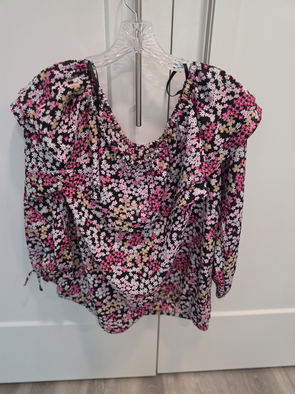 Michael Kors Black Floral Long Sleeve Blouse with Pink & Cream Motif Size L